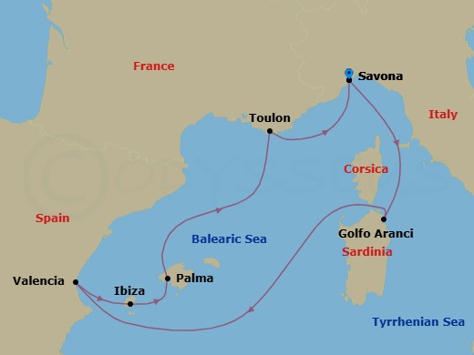 Route map: Savona → GOLFO ARANCI → Valencia → IBIZA → PALMA DE MALLORCA → La Seyne(StTropez) → Savona