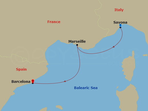 Route map: Savona → Marseille → Barcelona