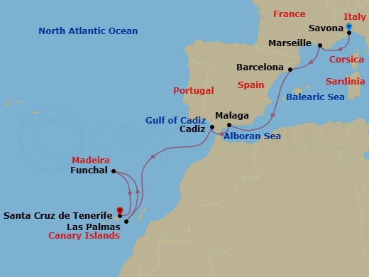 Route map: Savona → Marseille → Barcelona → Malaga → Cadiz → Las Palmas (Gran Canaria) → Funchal (Madeira) → Santa Cruz (Tenerife)