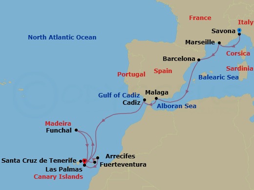 Route map: Savona → Marseille → Barcelona → Malaga → Cadiz → Las Palmas (Gran Canaria) → Funchal (Madeira) → Santa Cruz (Tenerife) → Pt Rosario (Fuerteventura) → Arrecife (Lanzarote)