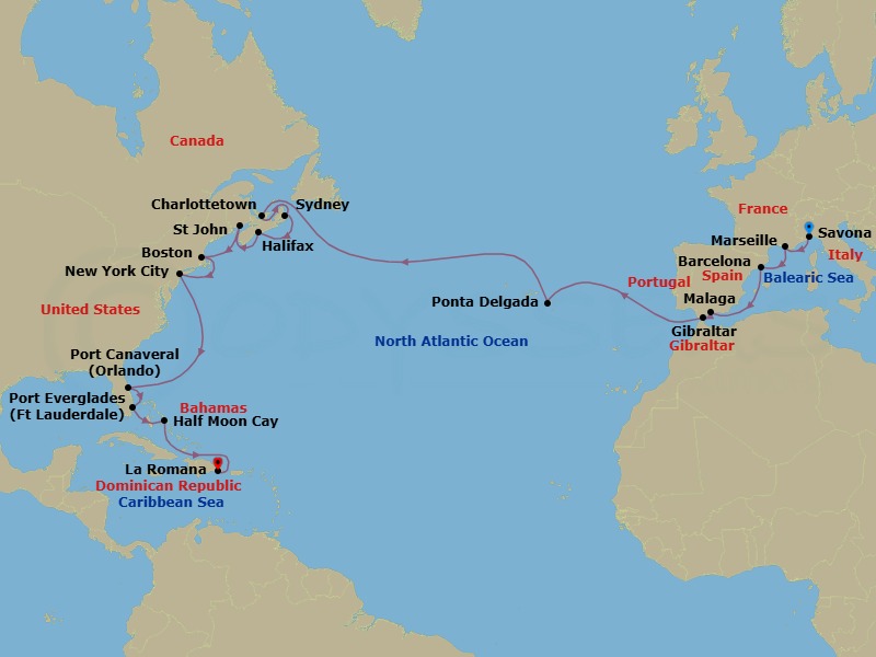 Route map: Savona → Marseille → Barcelona → Malaga → Gibraltar → Ponta Delgada (Azores) → CHARLOTTETOWN (CANADA) → SYDNEY Nova Scotia(Canada) → HALIFAX, NOVA SCOTIA (CANADA) → St John NB