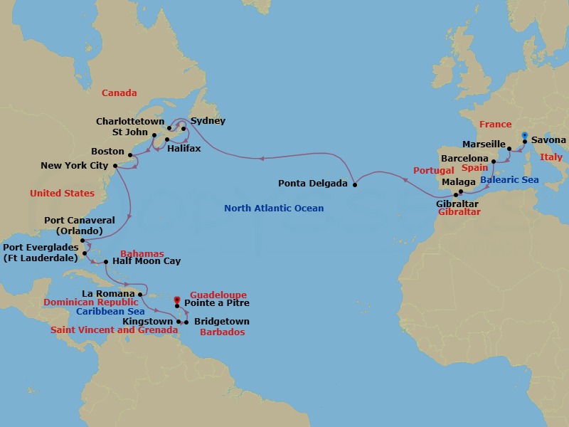 Route map: Savona → Marseille → Barcelona → Malaga → Gibraltar → Ponta Delgada (Azores) → CHARLOTTETOWN (CANADA) → SYDNEY Nova Scotia(Canada) → HALIFAX, NOVA SCOTIA (CANADA) → St John NB