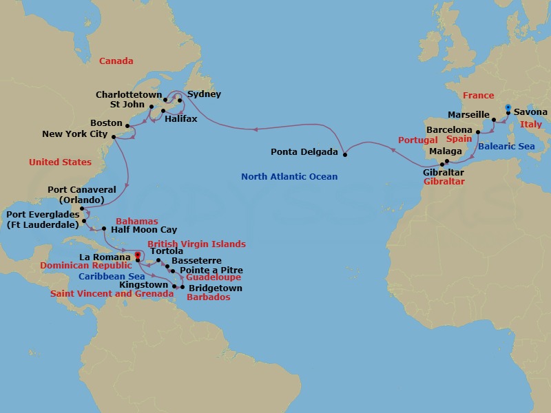 Route map: Savona → Marseille → Barcelona → Malaga → Gibraltar → Ponta Delgada (Azores) → CHARLOTTETOWN (CANADA) → SYDNEY Nova Scotia(Canada) → HALIFAX, NOVA SCOTIA (CANADA) → St John NB