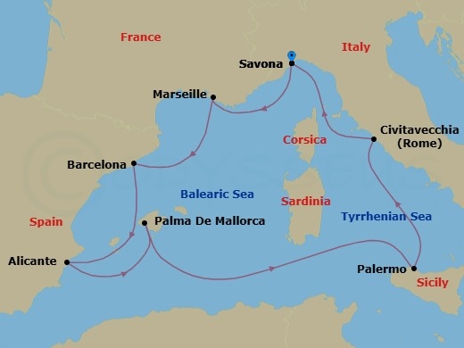Route map: Savona → Marseille → Barcelona → Alicante → PALMA DE MALLORCA → Palermo → Civitavecchia (Rome) → Savona