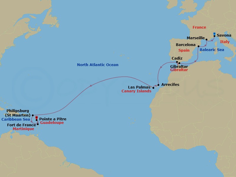 Route map: Savona → Marseille → Barcelona → Gibraltar → Cadiz → Arrecife (Lanzarote) → Las Palmas (Gran Canaria) → Philipsburg → Fort-de-France → Pointe-a-Pitre