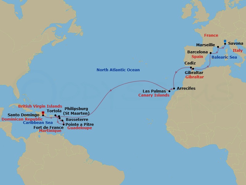 Route map: Savona → Marseille → Barcelona → Gibraltar → Cadiz → Arrecife (Lanzarote) → Las Palmas (Gran Canaria) → Philipsburg → Fort-de-France → Pointe-a-Pitre