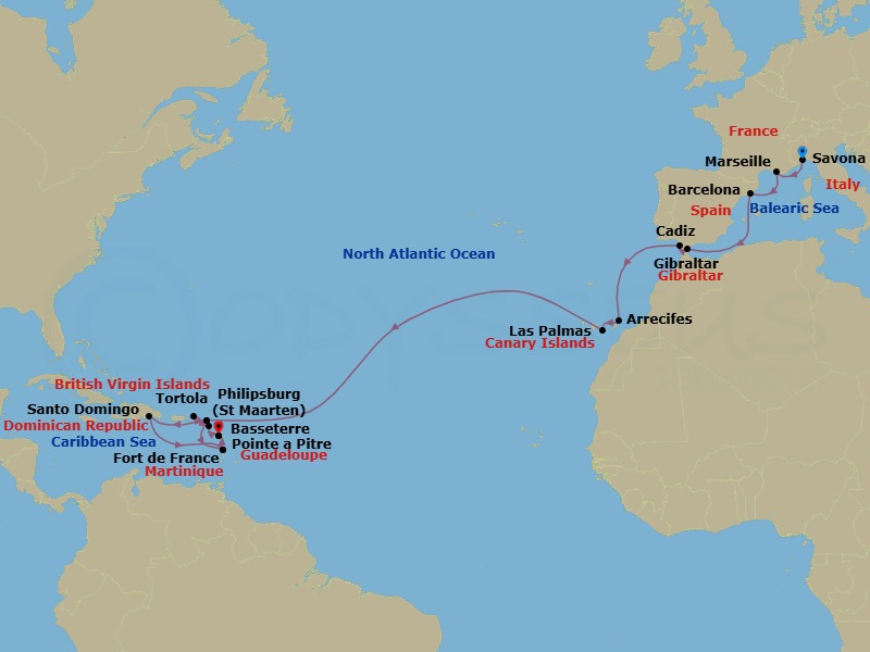 Route map: Savona → Marseille → Barcelona → Gibraltar → Cadiz → Arrecife (Lanzarote) → Las Palmas (Gran Canaria) → Philipsburg → Fort-de-France → Pointe-a-Pitre