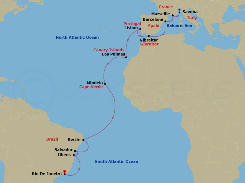 Route map: Savona → Marseille → Barcelona → Gibraltar → Lisbon → Las Palmas (Gran Canaria) → Mindelo (Sao Vicente) → Recife → SALVADOR BAHIA → ILHEUS