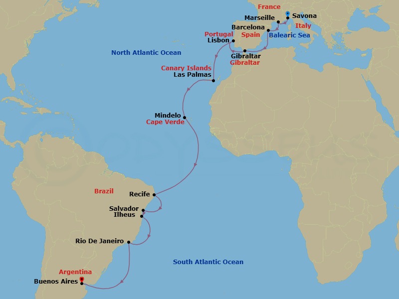 Route map: Savona → Marseille → Barcelona → Gibraltar → Lisbon → Las Palmas (Gran Canaria) → Mindelo (Sao Vicente) → Recife → SALVADOR BAHIA → ILHEUS