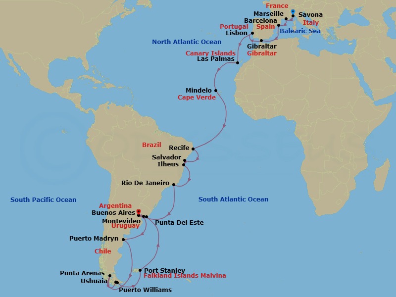 Route map: Savona → Marseille → Barcelona → Gibraltar → Lisbon → Las Palmas (Gran Canaria) → Mindelo (Sao Vicente) → Recife → SALVADOR BAHIA → ILHEUS