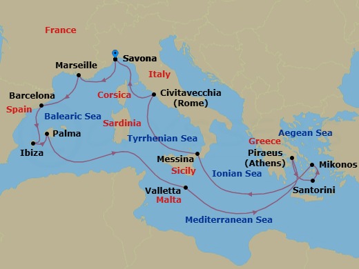 Route map: Savona → Marseille → Barcelona → IBIZA → PALMA DE MALLORCA → MALTA LA VALLETTA → Piraeus (Athens) → Thira (Santorini) → Mykonos → Messina (Taormina)