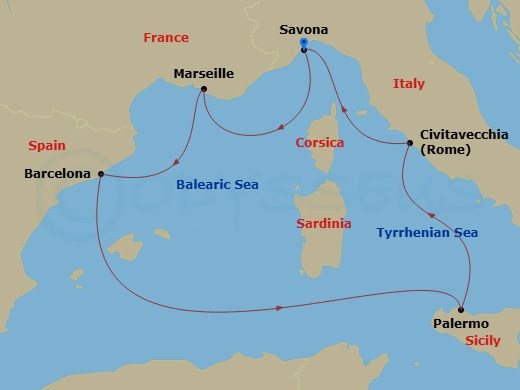 Route map: Savona → Marseille → Barcelona → Palermo → Civitavecchia (Rome) → Savona
