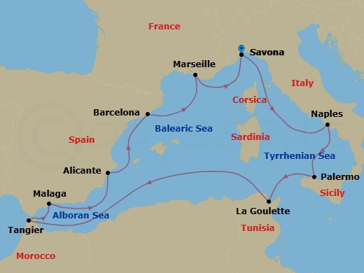 Route map: Savona → Naples → Palermo → La Goulette (Tunis) → Tangier → Malaga → Alicante → Barcelona → Marseille → Savona