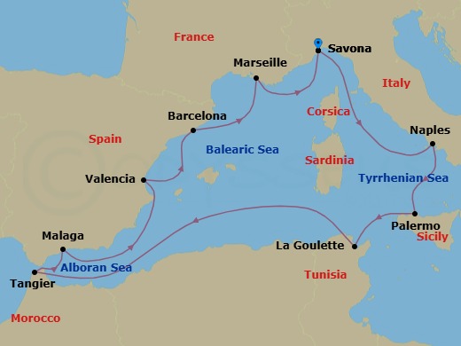 Route map: Savona → Naples → Palermo → La Goulette (Tunis) → Tangier → Malaga → Valencia → Barcelona → Marseille → Savona