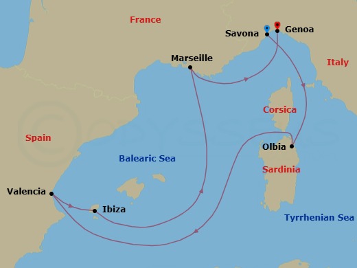 Route map: Savona → Olbia (costa Smeralda) → Valencia → IBIZA → Marseille → Genova (Portofino)