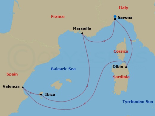 Route map: Savona → Olbia (costa Smeralda) → Valencia → IBIZA → Marseille → Savona