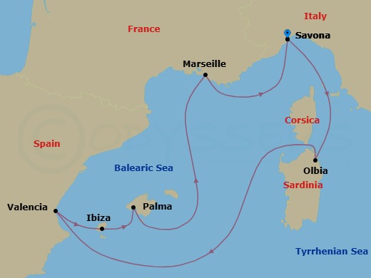 Route map: Savona → Olbia (costa Smeralda) → Valencia → IBIZA → PALMA DE MALLORCA → Marseille → Savona