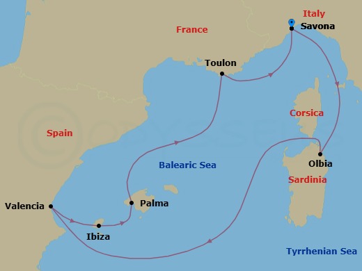 Route map: Savona → Olbia (costa Smeralda) → Valencia → IBIZA → PALMA DE MALLORCA → La Seyne(StTropez) → Savona