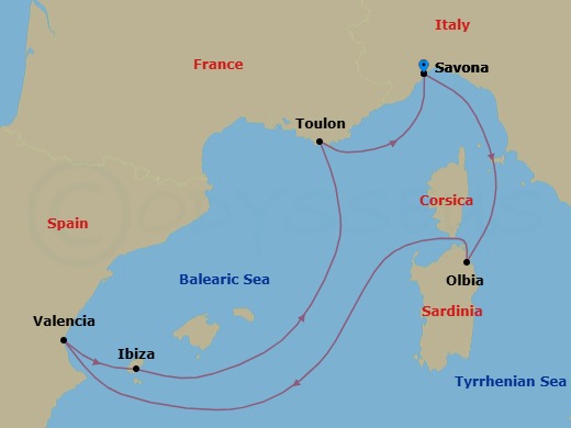 Route map: Savona → Olbia (costa Smeralda) → Valencia → IBIZA → La Seyne(StTropez) → Savona