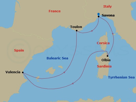 Route map: Savona → Olbia (costa Smeralda) → Valencia → La Seyne(StTropez) → Savona