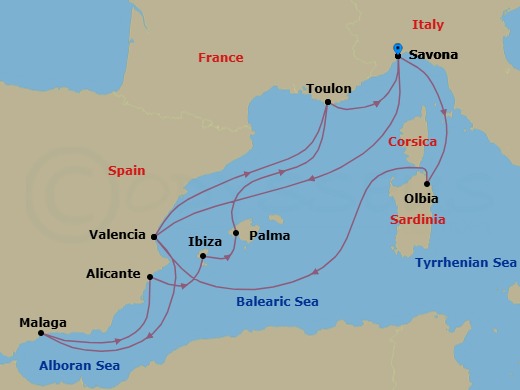 Route map: Savona → Olbia (costa Smeralda) → Valencia → La Seyne(StTropez) → Savona → Valencia → Malaga → Alicante → IBIZA → PALMA DE MALLORCA