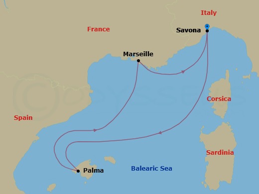 Route map: Savona (Italy) → Palma De Mallorca (Spain) → Marseille (France) → Savona (Italy)