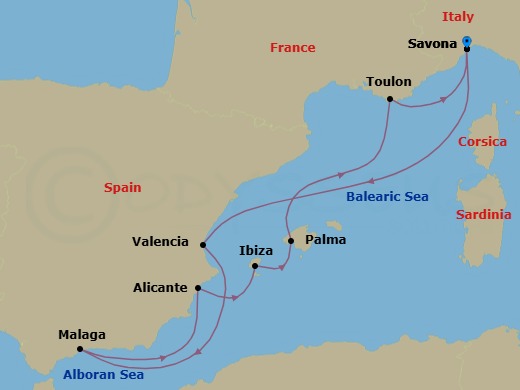 Route map: Savona → Valencia → Malaga → Alicante → IBIZA → PALMA DE MALLORCA → La Seyne(StTropez) → Savona