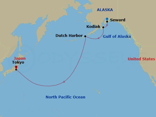 Route map: Seward, Alaska → Kodiak, Alaska → Dutch Harbor, Alaska → Tokyo