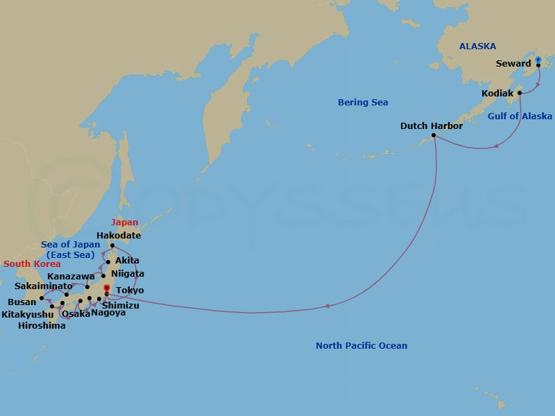 Route map: Seward → Kodiak → Dutch Harbor → Tokyo → Shimizu → Nagoya → Osaka → Hiroshima → Beijing (Tianjin) → Busan
