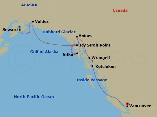 Route map: Seward Alaska → Valdez Alaska → Scenic Sailing Hubbard Glacier → Icy Strait Point Alaska → Sitka Alaska → Haines Alaska → Wrangell Alaska → Ketchikan Alaska → Vancouver British Columbia