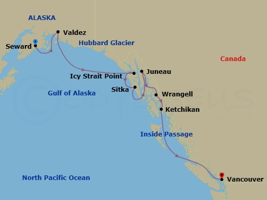 Route map: Seward Alaska → Valdez Alaska → Scenic Sailing Hubbard Glacier → Icy Strait Point Alaska → Sitka Alaska → Juneau Alaska → Wrangell Alaska → Ketchikan (Ward Cove) Alaska → Vancouver British Columbia