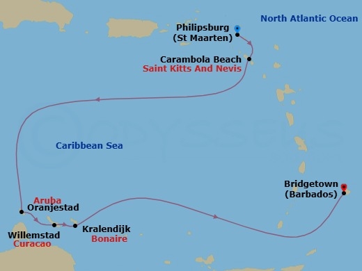 Route map: Philipsburg, Sint Maarten → Carambola Beach, Saint Kitts and Nevis → Oranjestad, Aruba → Willemstad, Curacao → Kralendijk, Bonaire → Bridgetown, Barbados