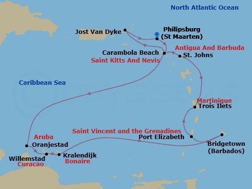 Route map: Philipsburg, Sint Maarten → Carambola Beach, Saint Kitts and Nevis → Oranjestad, Aruba → Willemstad, Curacao → Kralendijk, Bonaire → Bridgetown, Barbados → Port Elizabeth, Bequia, St. Vincent and the Grenadines → Trois Ilets, Martinique → St. Johns, Antigua and Barbuda → Carambola Beach, Saint Kitts and Nevis