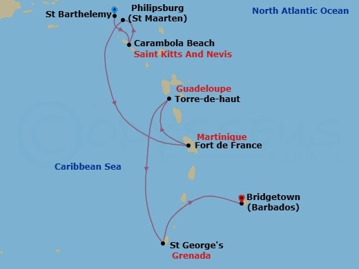 Route map: Philipsburg, Sint Maarten → Carambola Beach, Saint Kitts and Nevis → Gustavia, Saint Barthelemy → Fort-De-France, Martinique → Terre-de-Haut, Iles des Saintes, Guadeloupe → Saint Georges, Grenada → Bridgetown, Barbados
