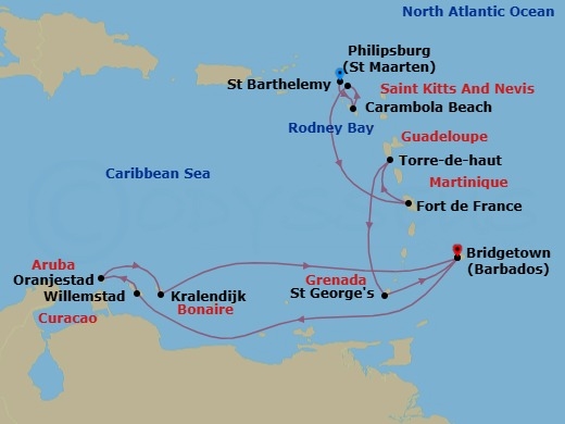 Route map: Philipsburg, Sint Maarten → Carambola Beach, Saint Kitts and Nevis → Gustavia, Saint Barthelemy → Fort-De-France, Martinique → Terre-de-Haut, Iles des Saintes, Guadeloupe → Saint Georges, Grenada → Bridgetown, Barbados → Rodney Bay, Saint Lucia → Willemstad, Curacao → Oranjestad, Aruba