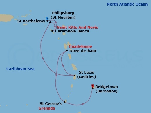 Route map: Philipsburg, Sint Maarten → Carambola Beach, Saint Kitts and Nevis → Gustavia, Saint Barthelemy → Castries, Saint Lucia → Terre-de-Haut, Iles des Saintes, Guadeloupe → Saint Georges, Grenada → Bridgetown, Barbados