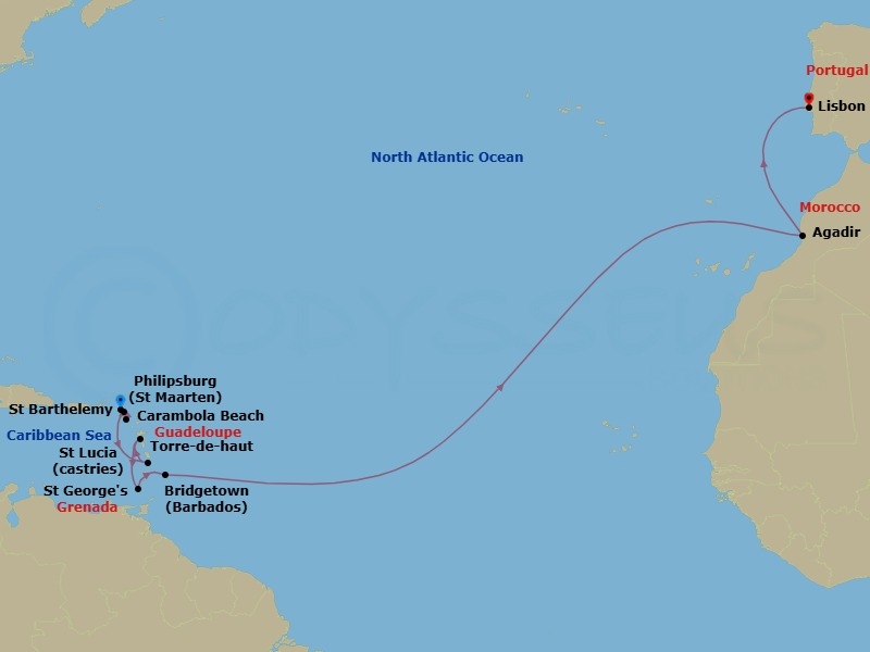 Route map: Philipsburg, Sint Maarten → Carambola Beach, Saint Kitts and Nevis → Gustavia, Saint Barthelemy → Castries, Saint Lucia → Terre-de-Haut, Iles des Saintes, Guadeloupe → Saint Georges, Grenada → Bridgetown, Barbados → Agadir, Morocco → Lisbon, Portugal