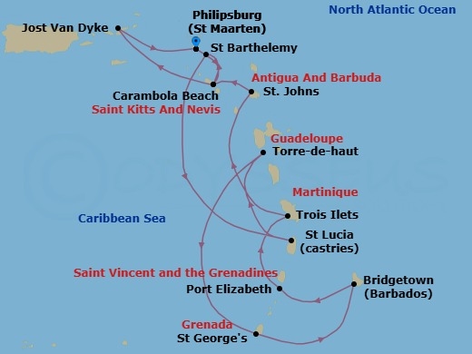 Route map: Philipsburg, Sint Maarten → Carambola Beach, Saint Kitts and Nevis → Gustavia, Saint Barthelemy → Castries, Saint Lucia → Terre-de-Haut, Iles des Saintes, Guadeloupe → Saint Georges, Grenada → Bridgetown, Barbados → Port Elizabeth, Bequia, St. Vincent and the Grenadines → Trois Ilets, Martinique → St. Johns, Antigua and Barbuda
