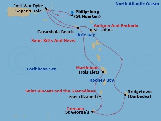 Route map: Philipsburg, Sint Maarten → Sopers Hole (Frenchmans Cay), BVI → Carambola Beach, Saint Kitts and Nevis → Trois Ilets, Martinique → Port Elizabeth, Bequia, St. Vincent and the Grenadines → Saint Georges, Grenada → Bridgetown, Barbados → Rodney Bay, Saint Lucia → Little Bay, Montserrat → St. Johns, Antigua and Barbuda