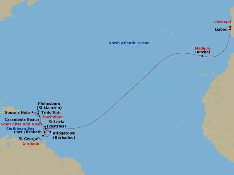Route map: Philipsburg, Sint Maarten → Sopers Hole (Frenchmans Cay), BVI → Carambola Beach, Saint Kitts and Nevis → Trois Ilets, Martinique → Port Elizabeth, Bequia, St Vincent and the Grenadines → Saint Georges, Grenada → Bridgetown, Barbados → Castries, Saint Lucia → Funchal (Madeira), Portugal → Lisbon, Portugal