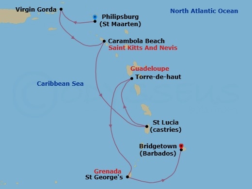 Route map: Philipsburg, Sint Maarten → Spanish Town, Virgin Gorda, British Virgin Islands → Carambola Beach, Saint Kitts and Nevis → Castries, Saint Lucia → Terre-de-Haut, Iles des Saintes, Guadeloupe → Saint Georges, Grenada → Bridgetown, Barbados