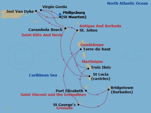 Route map: Philipsburg, Sint Maarten → Spanish Town, Virgin Gorda, British Virgin Islands → Carambola Beach, Saint Kitts and Nevis → Castries, Saint Lucia → Terre-de-Haut, Iles des Saintes, Guadeloupe → Saint Georges, Grenada → Bridgetown, Barbados → Port Elizabeth, Bequia, St. Vincent and the Grenadines → Trois Ilets, Martinique → St. Johns, Antigua and Barbuda