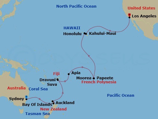 Route map: Sydney, Australia → Auckland, New Zealand → Bay of Islands, New Zealand → Suva, Fiji → Dravuni Island, Fiji → Apia, Western Samoa → Cross International Date Line → Tahiti (Papeete), French Polynesia → Moorea, French Polynesia → Honolulu, Hawaii