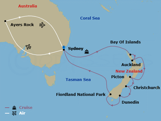 Route map: Sydney, Australia → Uluru (Ayers Rock), Australia → Sydney, Australia → Bay of Islands, New Zealand → Auckland, New Zealand → Picton, New Zealand → Christchurch (Lyttelton), New Zealand → Dunedin (Port Chalmers), New Zealand → Sydney, Australia