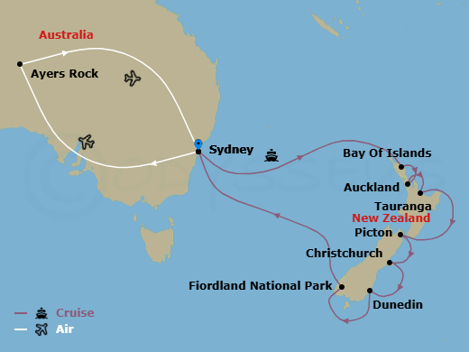 Route map: Sydney, Australia → Uluru (Ayers Rock), Australia → Sydney, Australia → Bay of Islands, New Zealand → Auckland, New Zealand → Tauranga, New Zealand → Picton, New Zealand → Christchurch (Lyttelton), New Zealand → Dunedin (Port Chalmers), New Zealand → Sydney, Australia