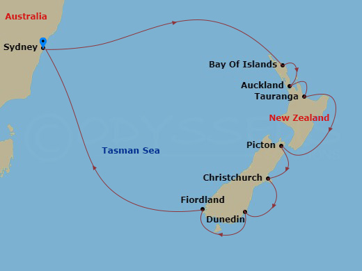 Route map: Sydney, Australia → Bay of Islands, New Zealand → Auckland, New Zealand → Tauranga, New Zealand → Picton, New Zealand → Christchurch (Lyttelton), New Zealand → Dunedin (Port Chalmers), New Zealand → Sydney, Australia