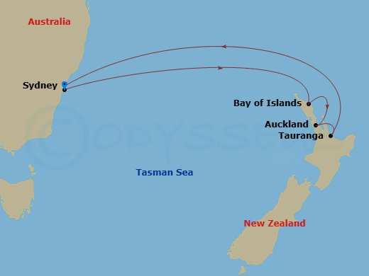 Route map: Sydney, Australia → Bay Of Islands, New Zealand → Auckland, New Zealand → Tauranga,New Zealand → Sydney, Australia