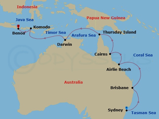 Route map: Sydney → Brisbane → Airlie Beach → Cairns → Thursday Island → Darwin → Komodo → Bali (Benoa)