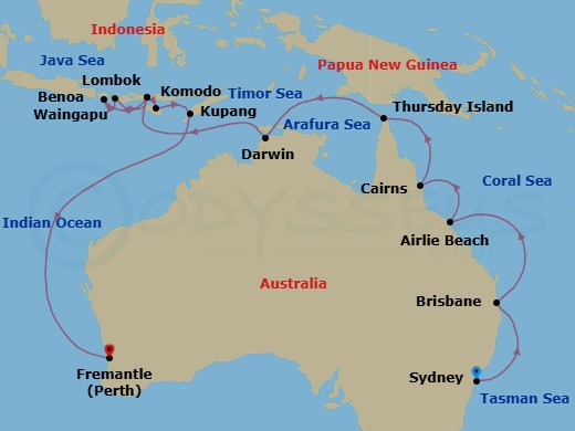 Route map: Sydney → Brisbane → Airlie Beach → Cairns → Thursday Island → Darwin → Komodo → Bali (Benoa) → Lombok (Lembar) → Komodo