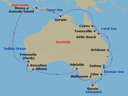 Route map: Sydney → Brisbane → Whitsunday Island (Airlie Beach) → Townsville → Cairns → Darwin → Komodo National Park (Rinca) → Bali (Benoa) → Perth (Fremantle) → Busselton
